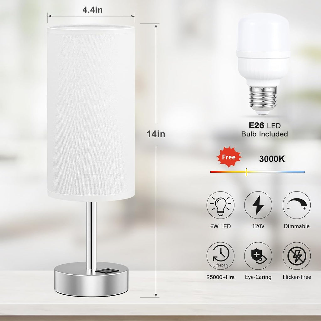 Dicoool White Touch Bedside Lamp with USB - 3 Way Dimmable Table Lamp for Bedroom, Nightstand Lamp with Nickel Charging Station and…
