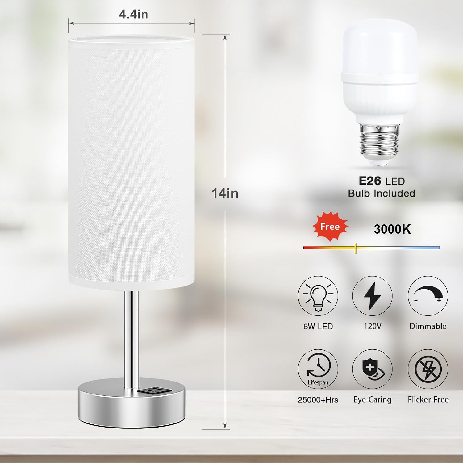Dicoool White Touch Bedside Lamp with USB - 3 Way Dimmable Table Lamp for Bedroom, Nightstand Lamp with Nickel Charging Station and…