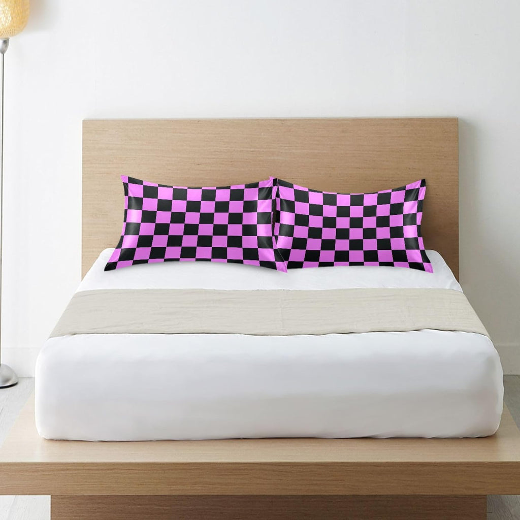 Checkerboard Black Purple Color Plaid Print Pillow Covers Silk Pillowcase for Hair and Skin Breathable Soft Satin Pillowcase Queen Size…