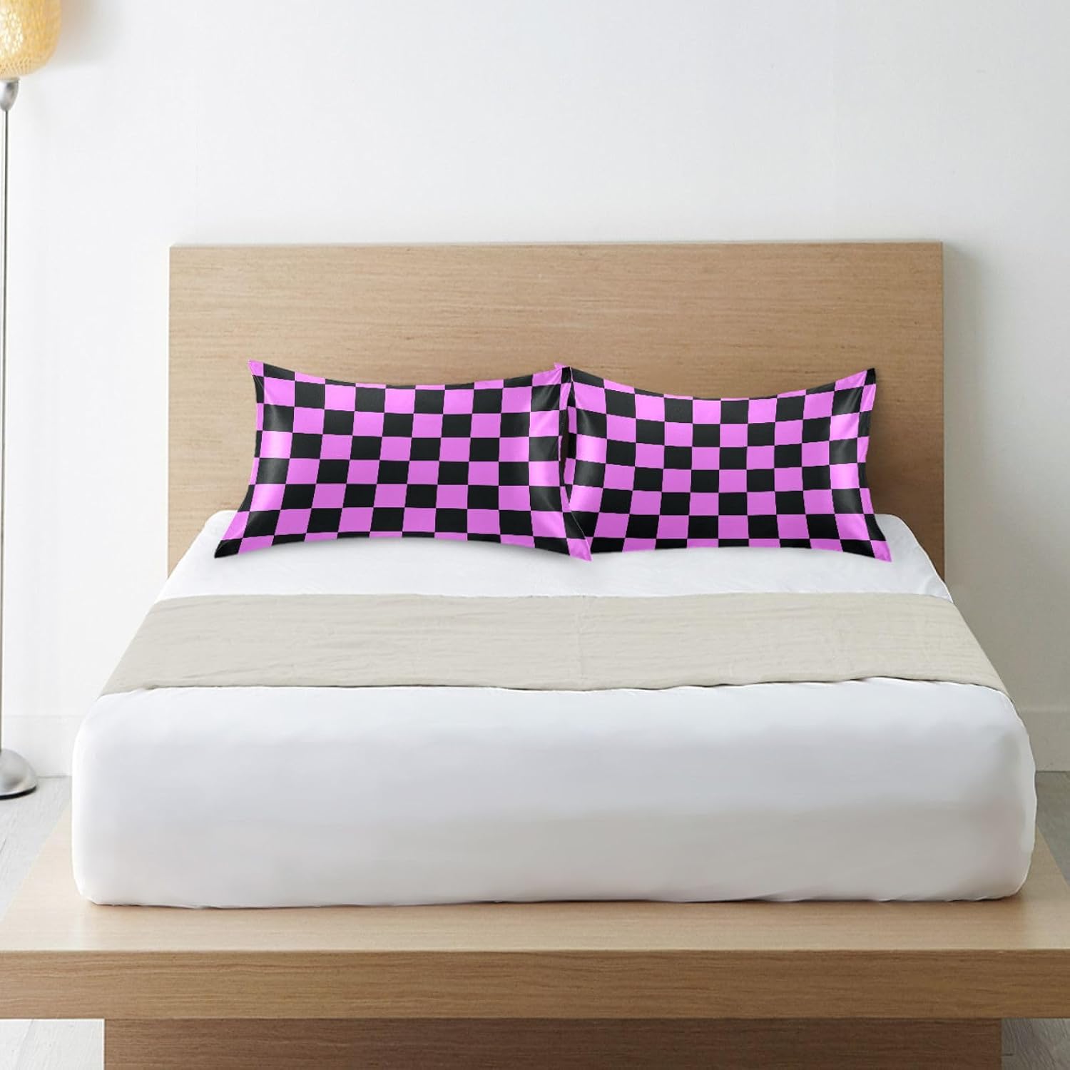 Checkerboard Black Purple Color Plaid Print Pillow Covers Silk Pillowcase for Hair and Skin Breathable Soft Satin Pillowcase Queen Size…