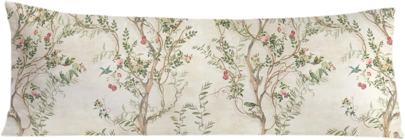 Vintage Chinoiserie Bird Floral 20x54 Body Pillow Cover, Chinoiserie Decor, Retro Green and Cream Flowers Botanical Decorative Long Body…