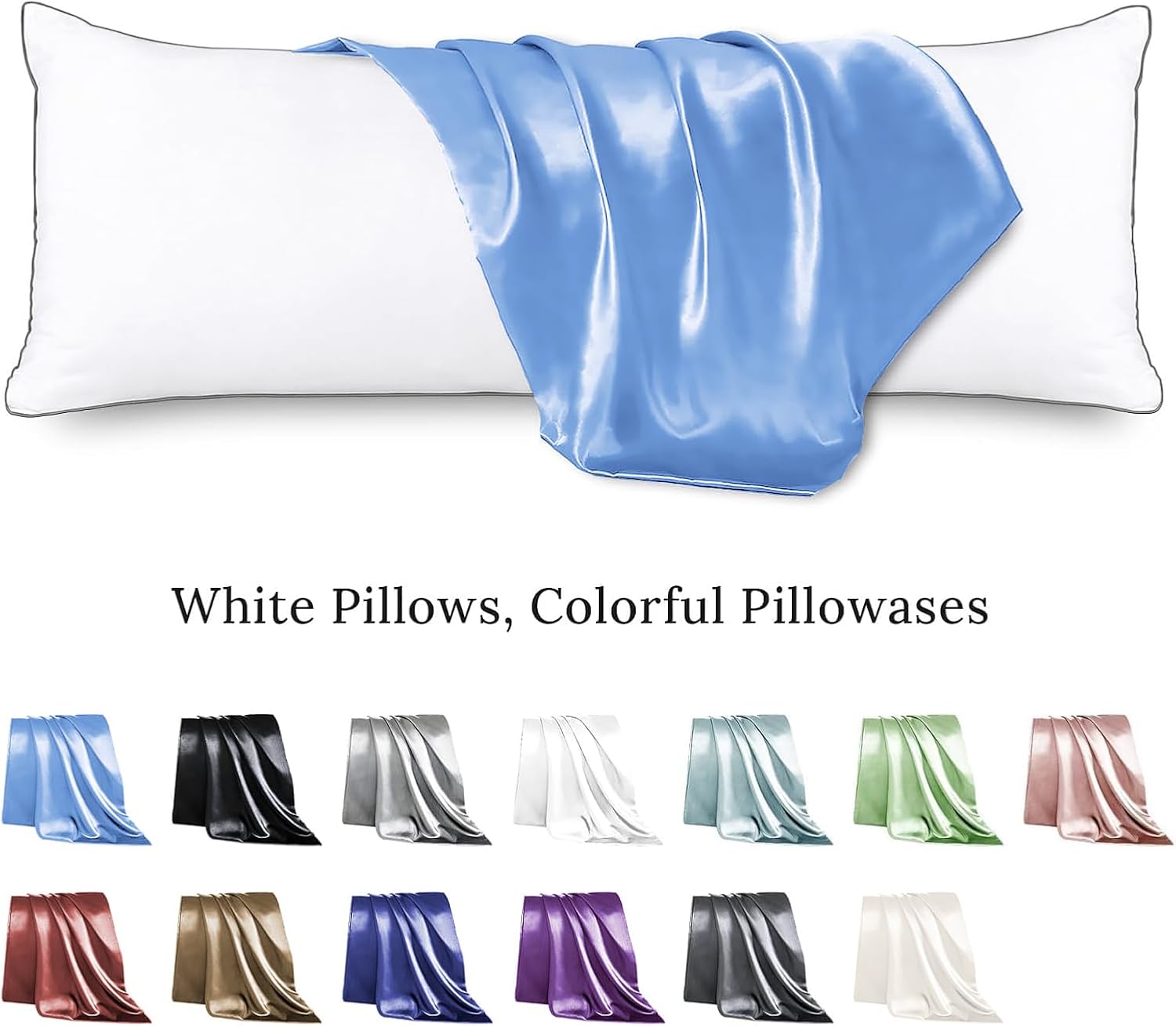 Huxmeyson Body Pillow with Satin Pillowcase, Body Pillow for Adults, Removable Cover, Light Blue (20"x54") 1 count Blue