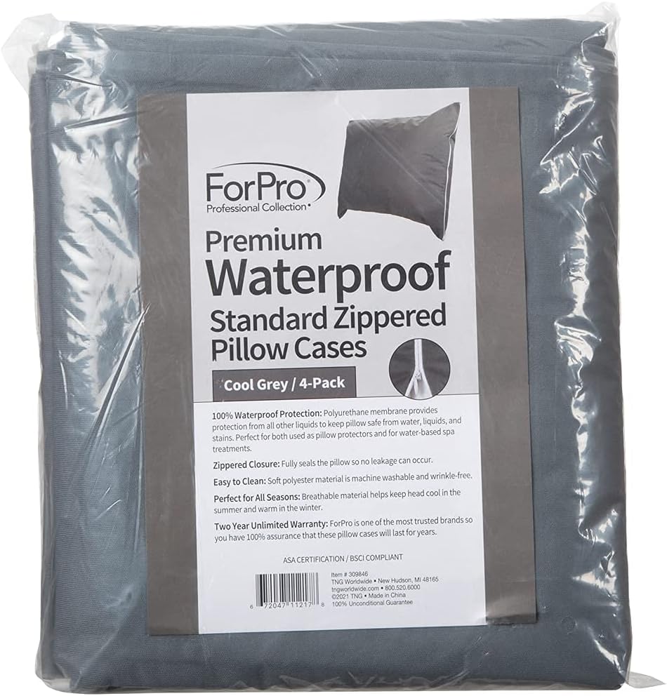 ForPro Professional Collection Premium Waterproof Pillow Protectors, Standard Size Pillow Cases with Zipper, Cool Grey, 4-Count
