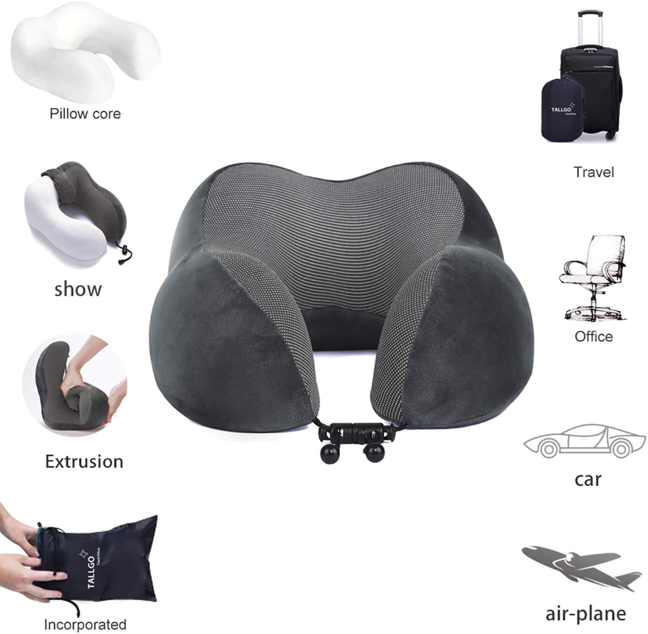 TALLGONeckPillowAlwaysHere TALLGO Travel Pillow, Memory Foam Neck Pillow Head Support Soft Pillow for Sleeping Rest, Airplane Car & Home Us…