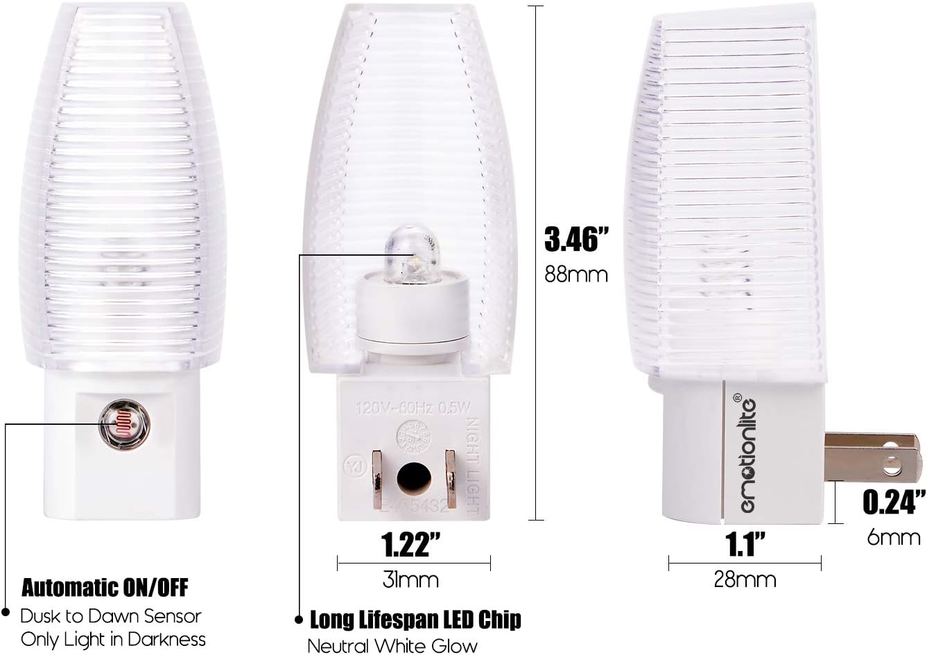Emotionlite Plug in Night Light, Neutral White LED Nightlight, Dusk to Dawn Sensor, Kids, Nursery, Bedroom, Bathroom, Hallway, Stairs…