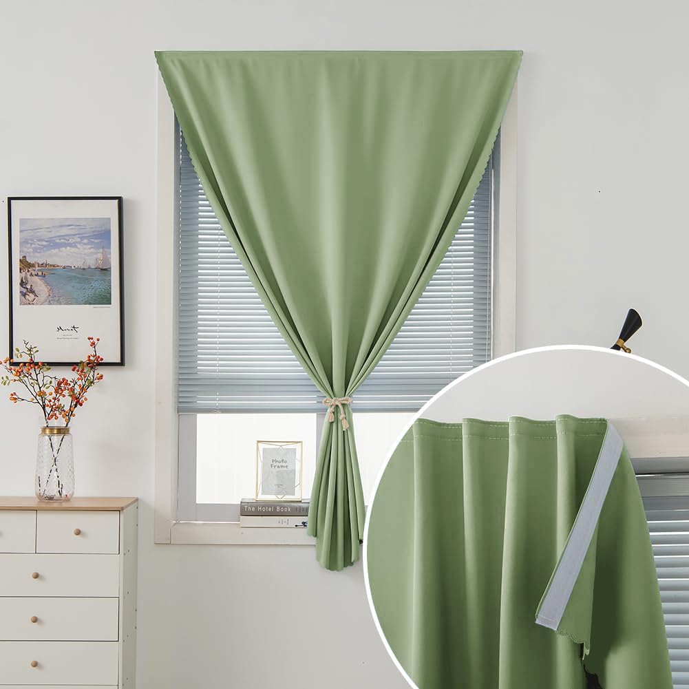Magic Tape Blackout Curtains for Bedroom No Drillng Self Adhesive Curtains No Rod Small Window, 35" W X 79" L, Sage Green, 1 Panel