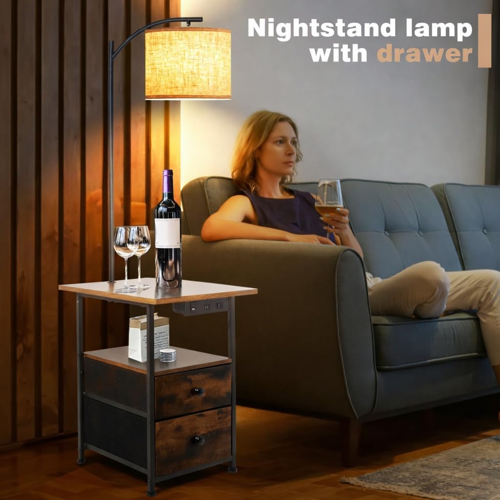 PESRAE Floor Lamp with Table & 2 Drawers, End Table with 3 Color Temperature Reading Light, Side Table Lamp with USB & Type C & AC…