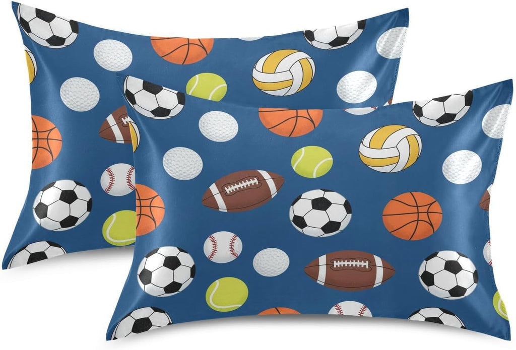 Sports Balls Blue Pillow Covers Silk Pillowcase for Hair and Skin Breathable Soft Satin Pillowcase Standard Size Pillow Case for Girls…
