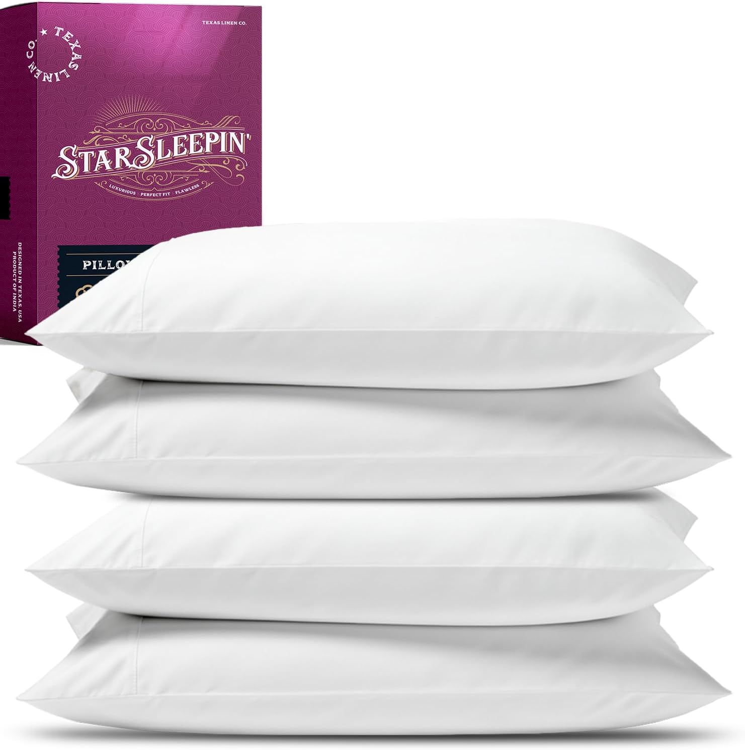 TEXAS LINEN CO. 100% Egyptian Cotton Pillow Cases Standard/Queen Size Set of 4 - Luxury 1200 Series Star Sleepin' Collection Cotton…