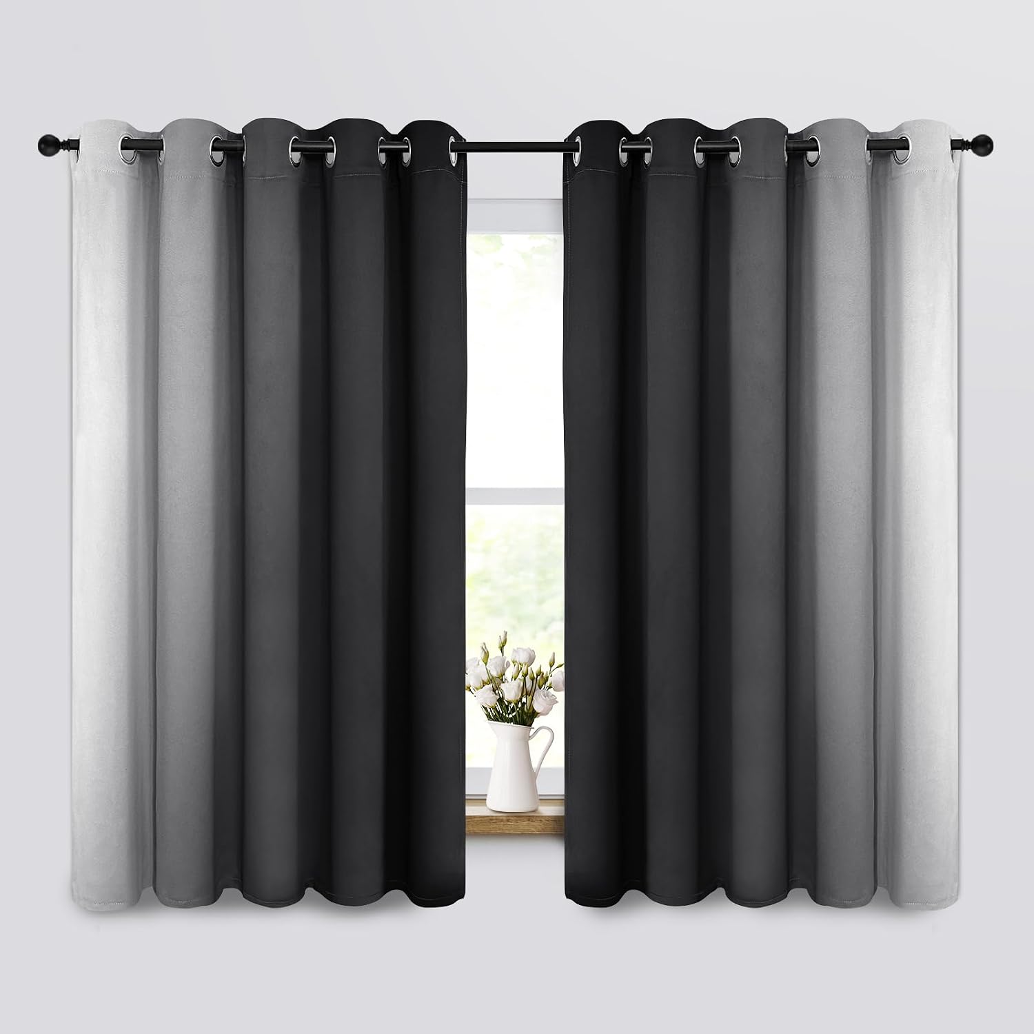 Yakamok Room Darkening Ombre Curtains 63 Inch Length, Black and Greyish White Thermal Insulated Gradient Color Curtains, Light Blocking Grom…