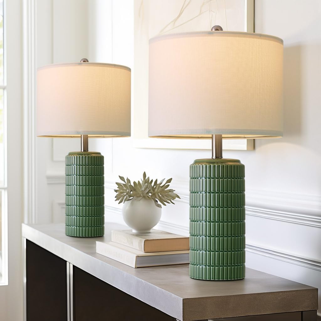 PoKat 24" Modern Ceramic Table Lamps Set of 2 for Bedroom, Green Bedside Lamps for Night Stands, Farmhouse House Decor Nightstand Table…