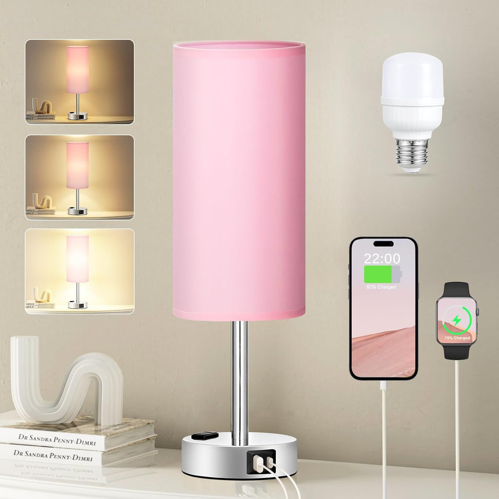 Fenmzee Pink Lamp for Bedroom Nightstand - 3 Way Dimmable Touch Table Lamp USB C Charging Ports, Small Lamp with AC Outlet for Desk Girls…