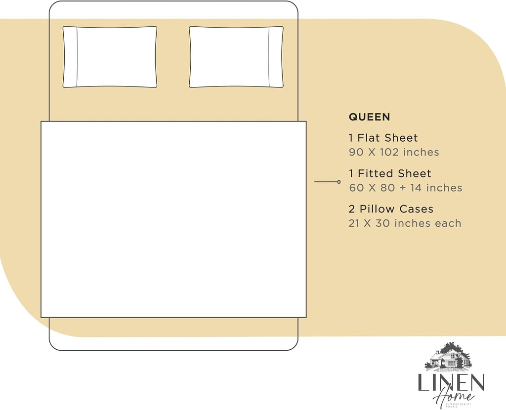 Linen Home 100% Cotton Percale Sheets Queen Size, Ivory, Deep Pocket, 4 Pieces Set - 1 Flat, 1 Deep Pocket Fitted Sheet and 2…