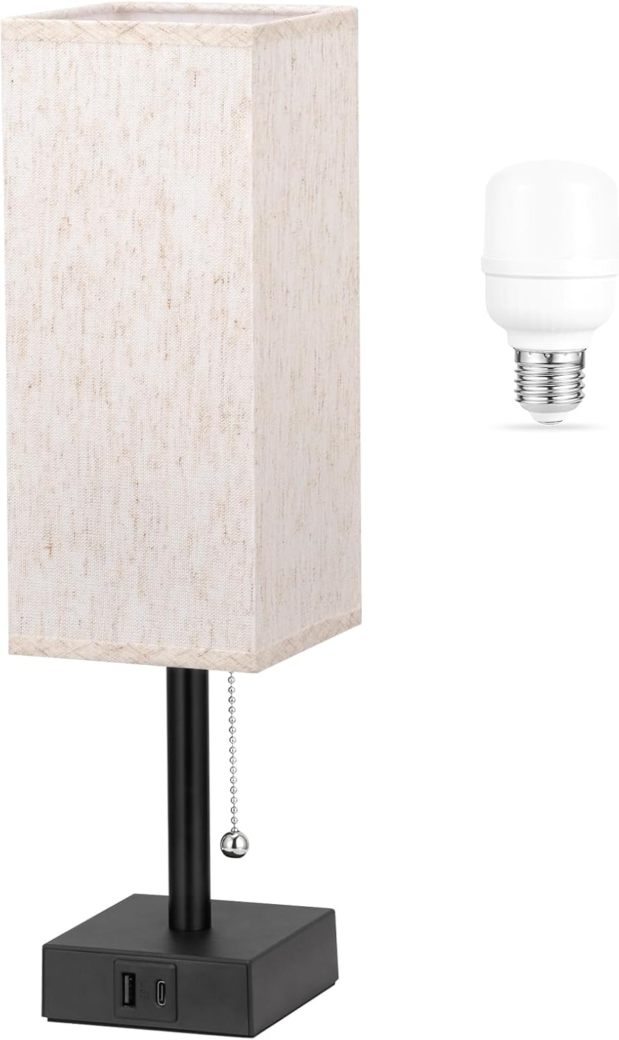 Aooshine Pull Chain Small Table Lamp - 3 Color Temperature Bedside Lamp for Bedroom with USB Port, Minimalist Nightstand Lamp with Black Ba…