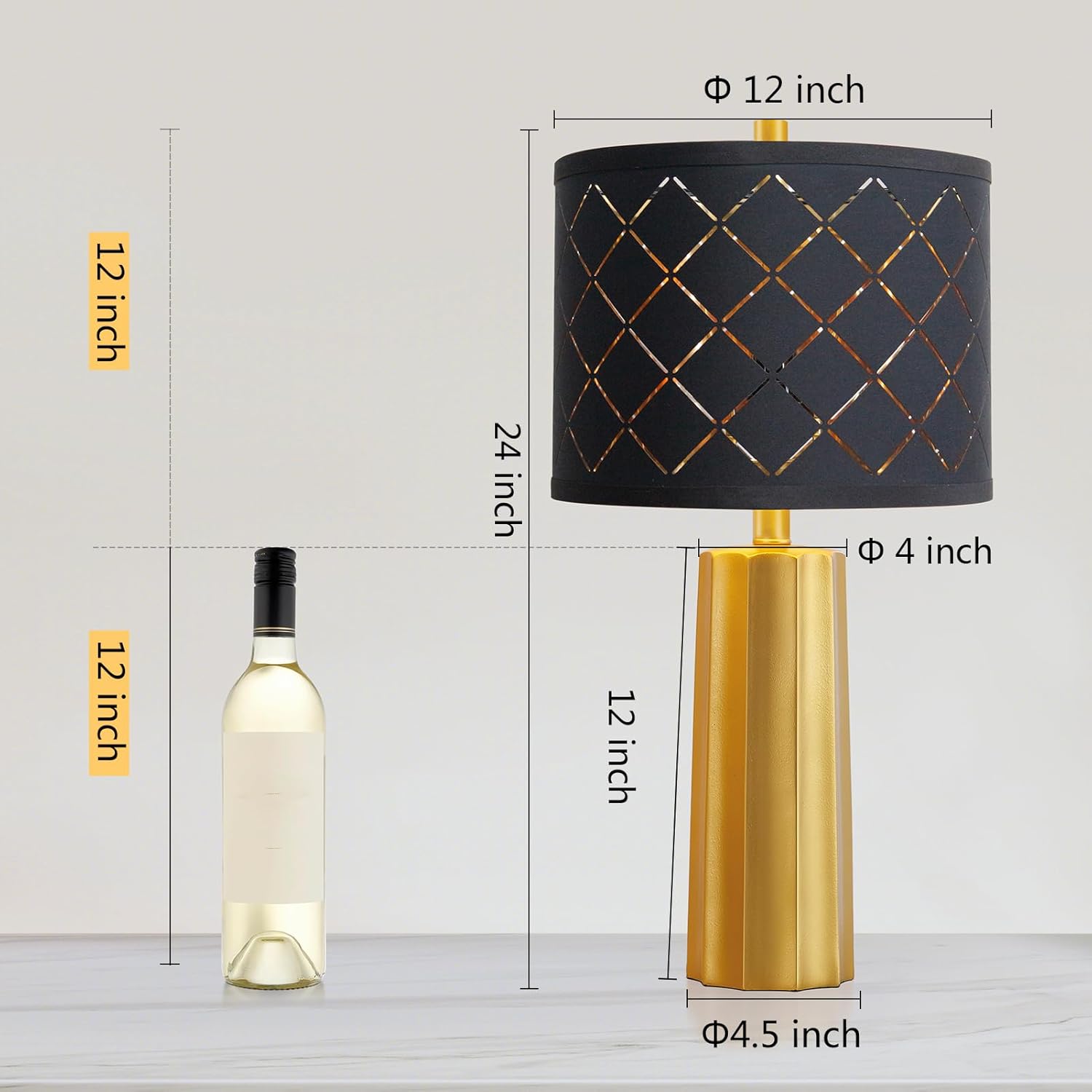 24" Modern Table Lamp for Living Room Bedroom, Gold Nightstand Resin Lamp with Black Grid Shade