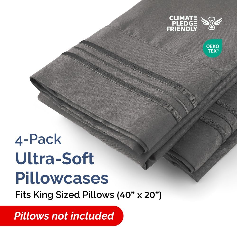 King Pillow Cases Set of 4 - Ultra Soft Hotel Quality Pillowcase Covers - Comfy, Cozy & Wrinkle Free - Shrinkage, Stain and Fade…