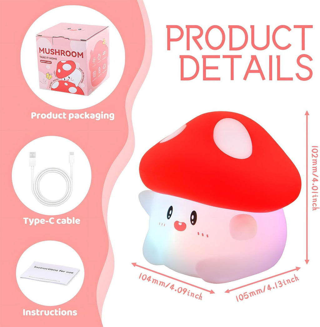 Daixinde Mushroom Night Light Color Changing, 50Hrs Mushroom Lamp, Tap Control 2 Brightness & Timer, Rechargeable Squishy Night Lamp for Ki…