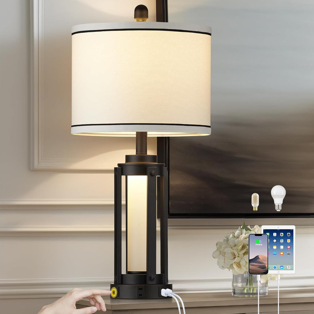 26" Modern Table Lamp with USB A+C Charging Ports & AC Outlet, Industrial Beside Contemporary Lamp Glass LED Night Light for Living Room…