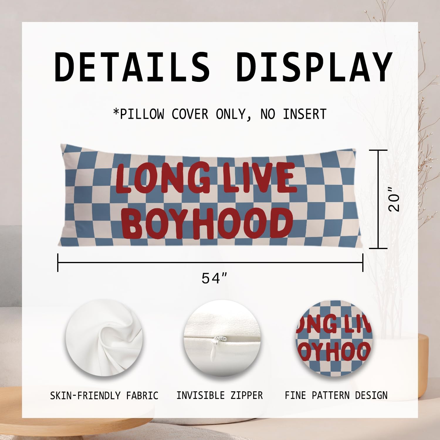 Long Live Boyhood 20x54 Body Pillow Cover for Boys Room Nursery, Boy Nursery Decor, Kids Playroom Decor, Retro Blue and White Checkered…