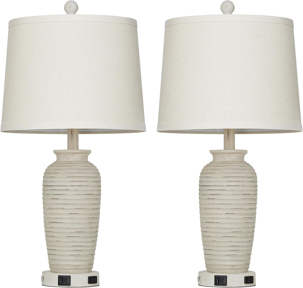 CINSARY 25" Retro White Farmhouse Jar Table Lamps Set of 2, 3 Way Touch Control Rustic Bedside Lamps with USB A+C Ports & AC Outlet, Pot…