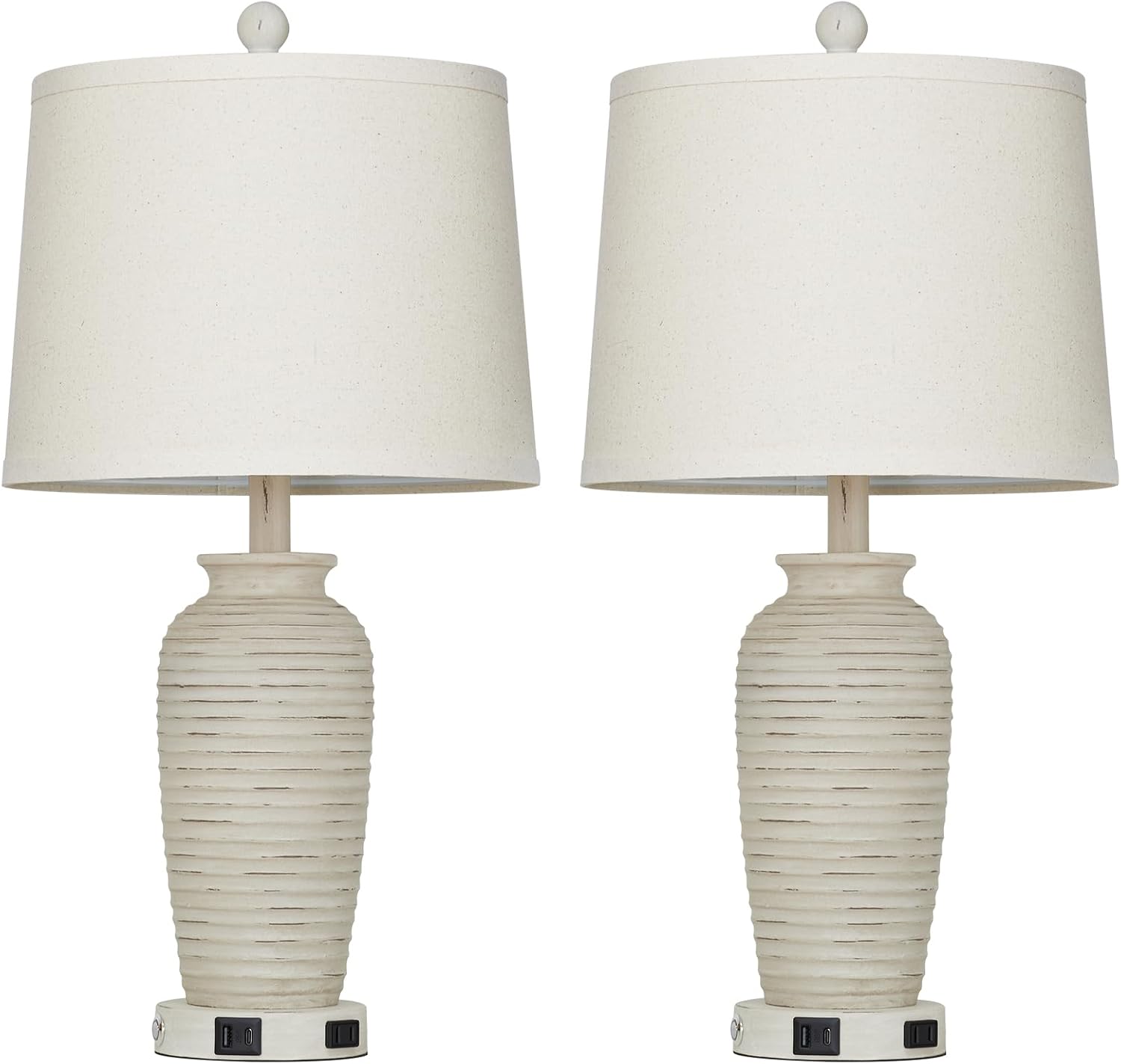 CINSARY 25" Retro White Farmhouse Jar Table Lamps Set of 2, 3 Way Touch Control Rustic Bedside Lamps with USB A+C Ports & AC Outlet, Pot…