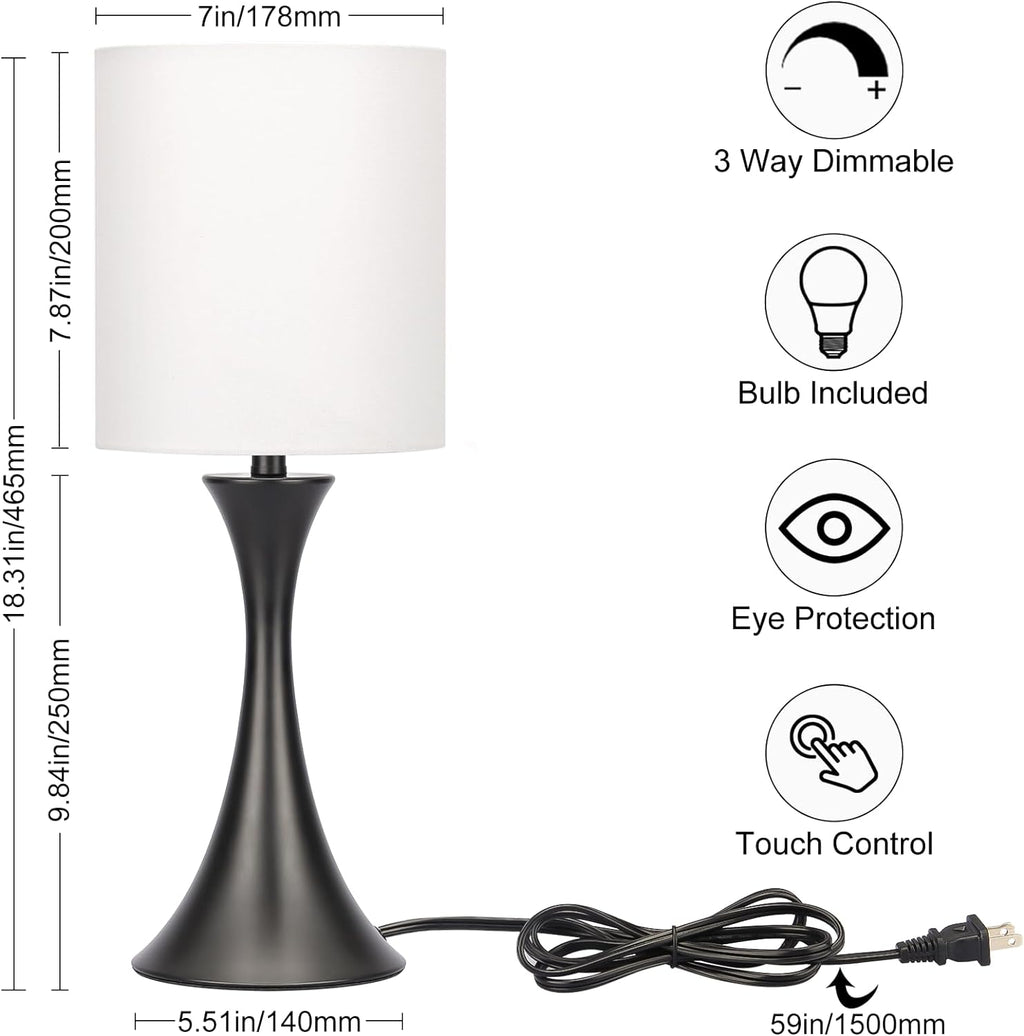 Seaside village 3 Way Touch Control Table Lamp, Modern Bedside Lamp for Bedroom, Dimmable Black Nightstand Lamp White Shade Desk Reading…