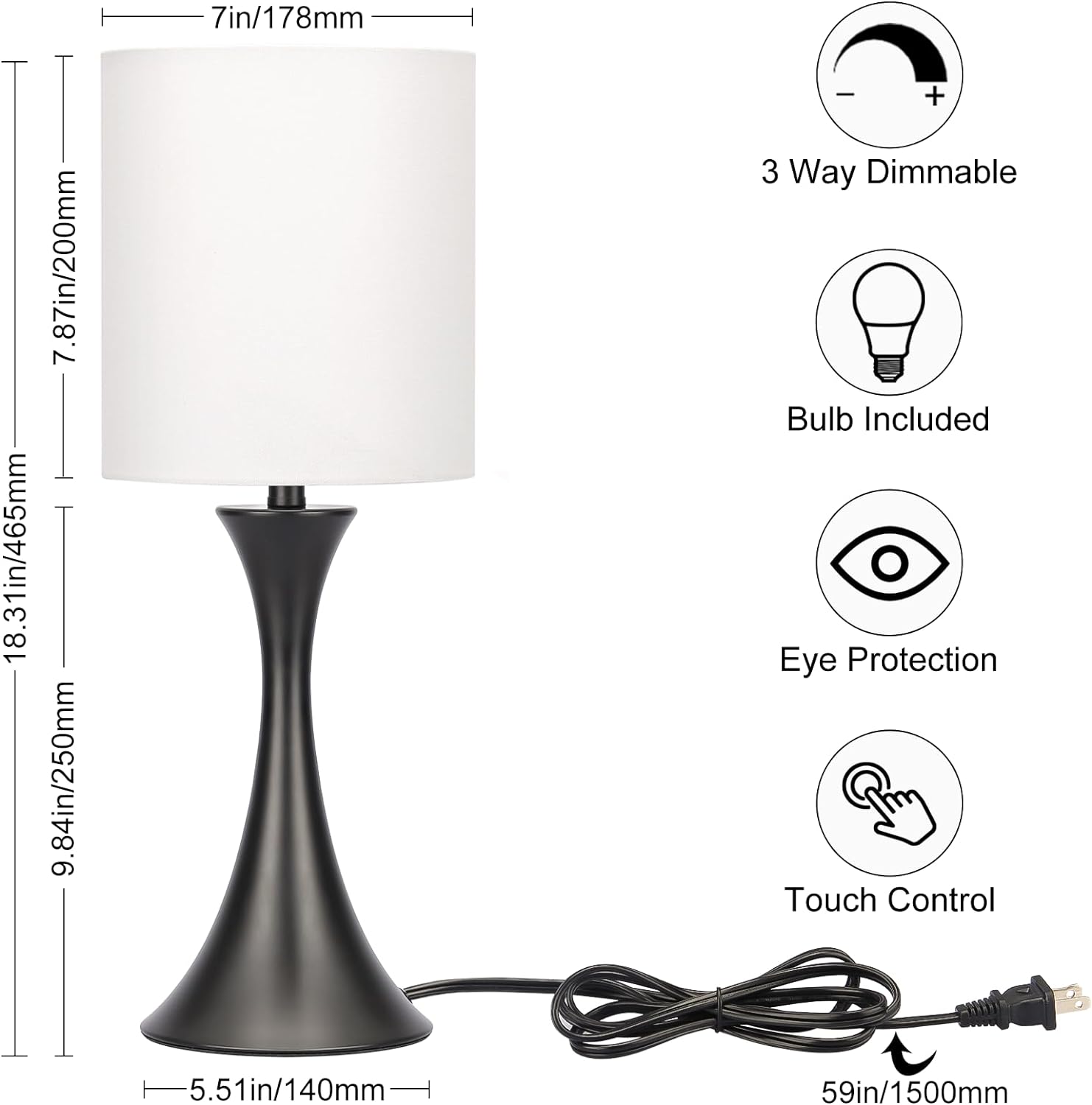 Seaside village 3 Way Touch Control Table Lamp, Modern Bedside Lamp for Bedroom, Dimmable Black Nightstand Lamp White Shade Desk Reading…