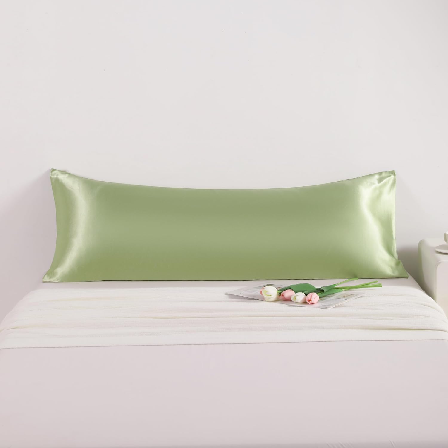 Ntbay Satin Body Pillowcase for Hair and Skin, Luxurious and Silky Pillow case with Envelope Closure, 20x54 Inches, Sage Green 54 Inches Gr…