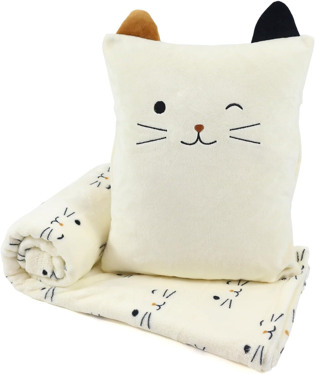 VigorSpring 3-in-1 Cat Travel Blanket and Pillow Set for Kids, Soft Snuggle Pillow with Hand Warmer, 40x60 Inch Cute Cat Blanket, Compact f…