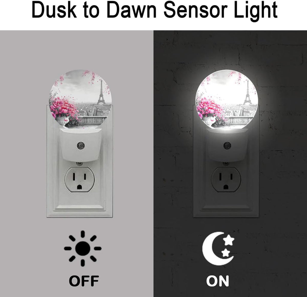 Paris Eiffel Tower Pink Flower Night Light Auto Sensor Led Dusk to Dawn Lamp Home Decor for Men Women