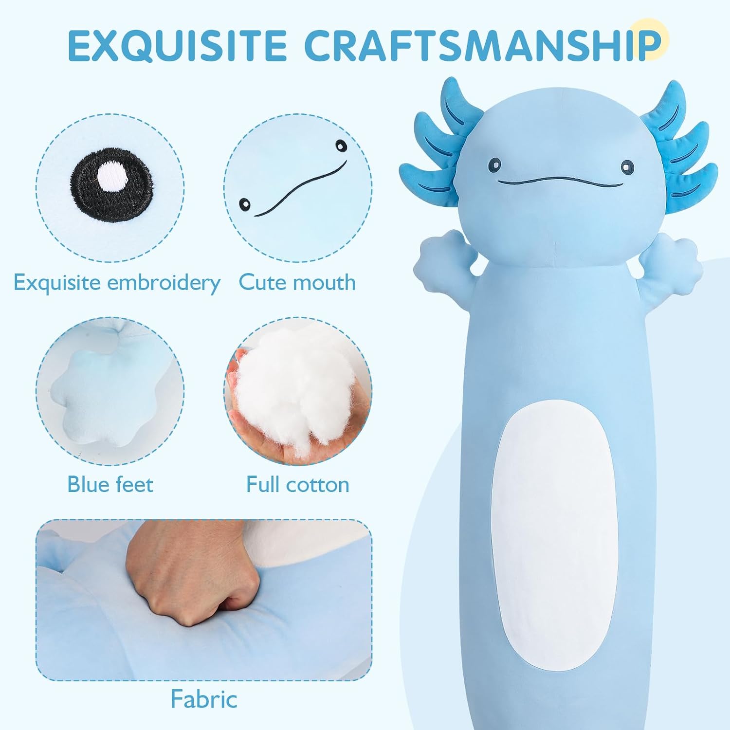 Dalmao 36 inch Cute Giant Blue Axolotl Plush Soft Body Pillow, Large Axolotl Stuffed Animals Toy, Squishy Plushies Gifts for Kids Boys…
