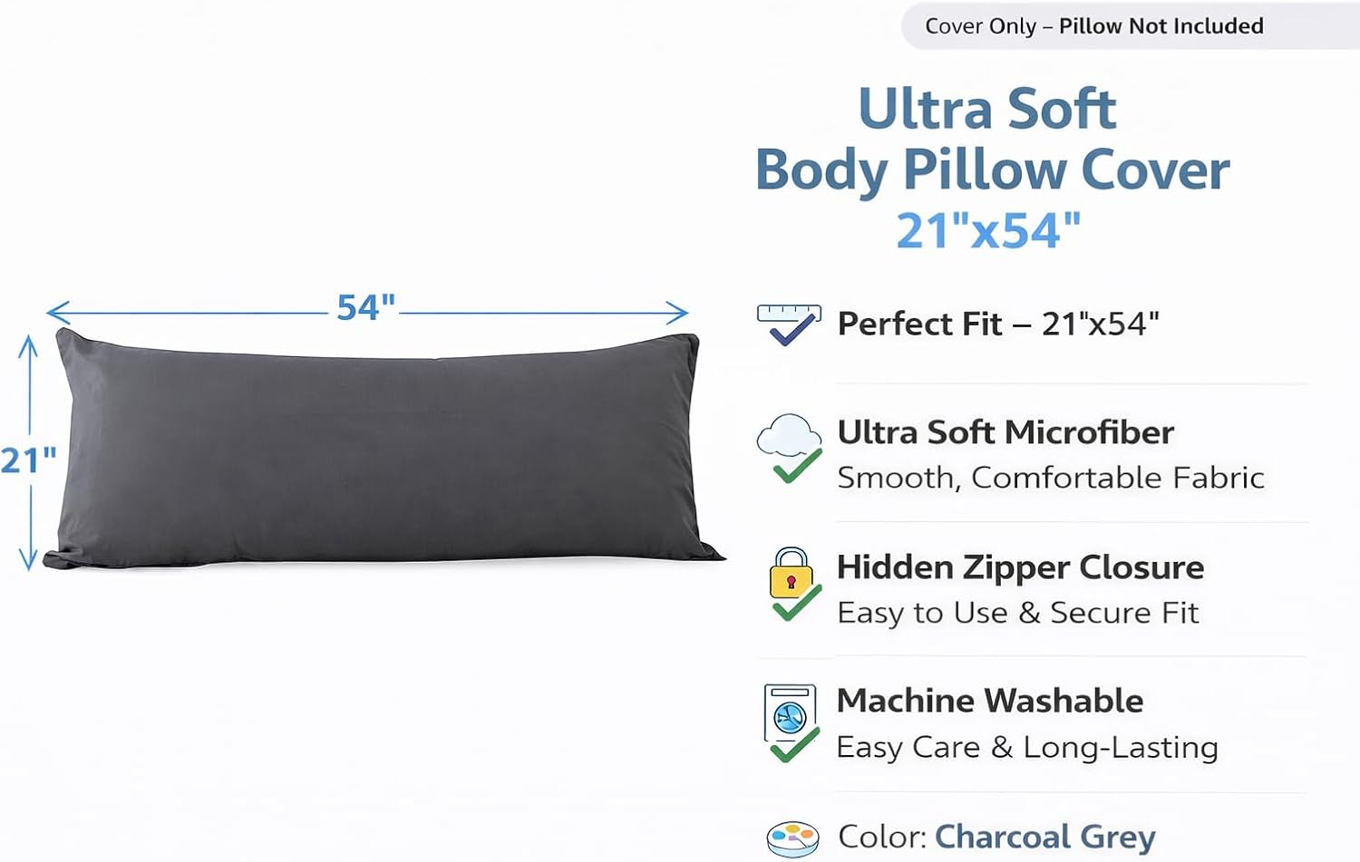 Evolive Body Pillow Covers Pack of 2, 21" x 54", Ultra Soft Brushed Microfiber, Breathable & Cozy Body Pillowcases with Zipper Closure (Cha…
