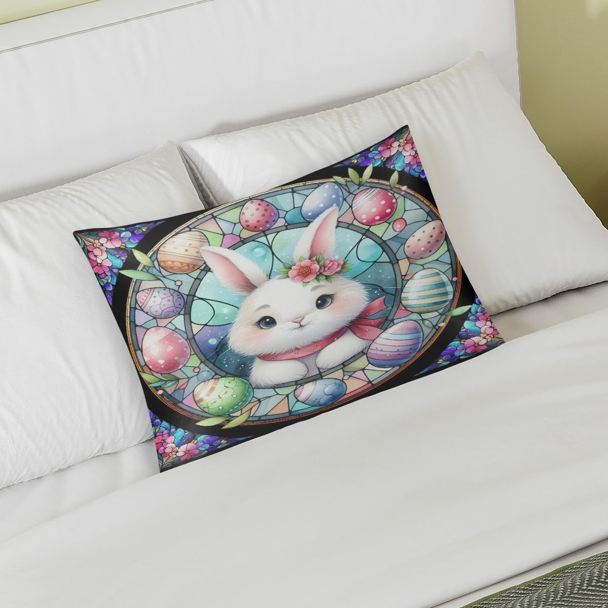 Easter Cute Bunny Satin Silk Pillowcase for Hair and Skin Pillow Cases Standard Size Soft Silk Pillow Case with Envelope Closure Print…