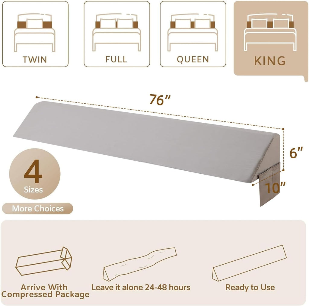 Bedluxe King Bed Wedge Pillow for Headboard, Wedge Pillow Headboard, Bed Gap Filler - Fill The Gap (0-7")(Gray, 76"x10"x6")