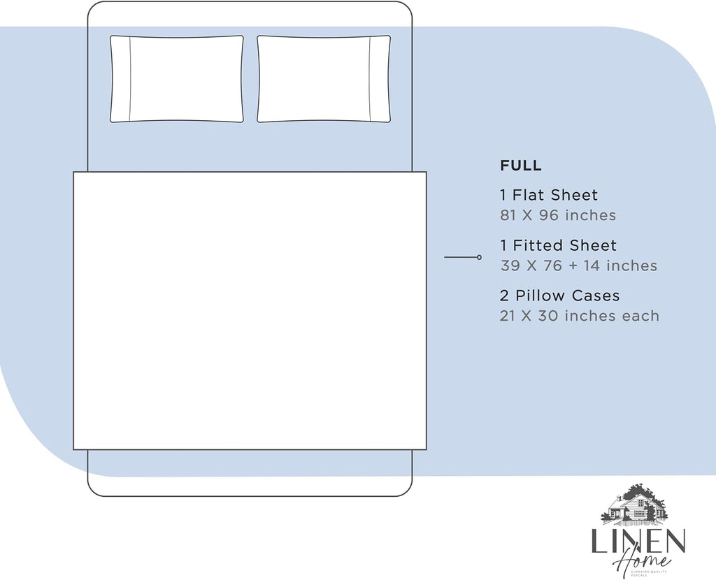 Linen Home 100% Cotton Percale Sheets Full Size, Baby Blue, Deep Pocket, 4 Pieces Set - 1 Flat, 1 Deep Pocket Fitted Sheet and 2…