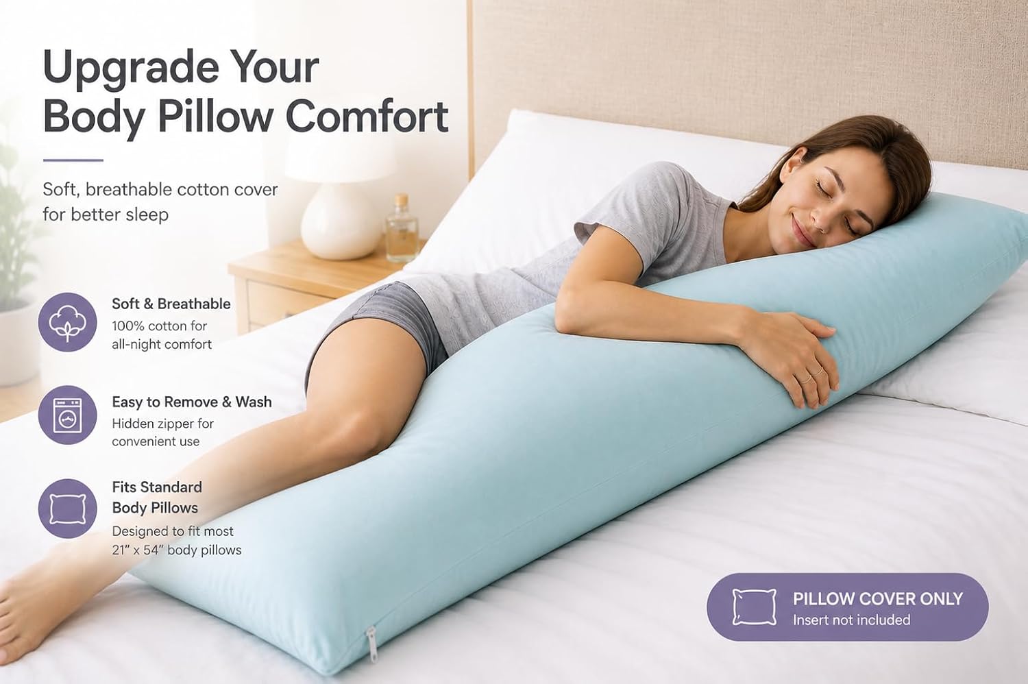 Evolive 300 Thread Count 100% Cotton Body Pillow Cover, 21" x 54", Soft Breathable Replacement Pillow Case with Hidden Zipper Closure (Ligh…