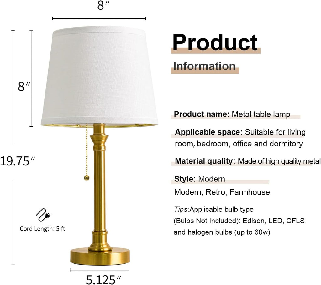 Oneach 19.5" Gold Table Lamp Set of 2, Small Bedside Table Lamps with USB A+C Charging Ports, Pull Chain Switch, Brass Modern Nightstand…