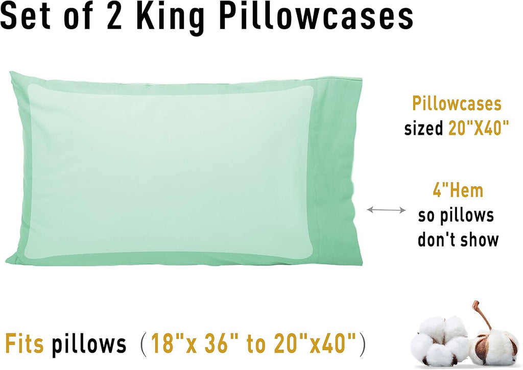 Sunflower King Pillowcases Set of 2, 100% Cotton King Pillow Cases 2, 20×40 inches Zephyr Green, Soft and Breathable
