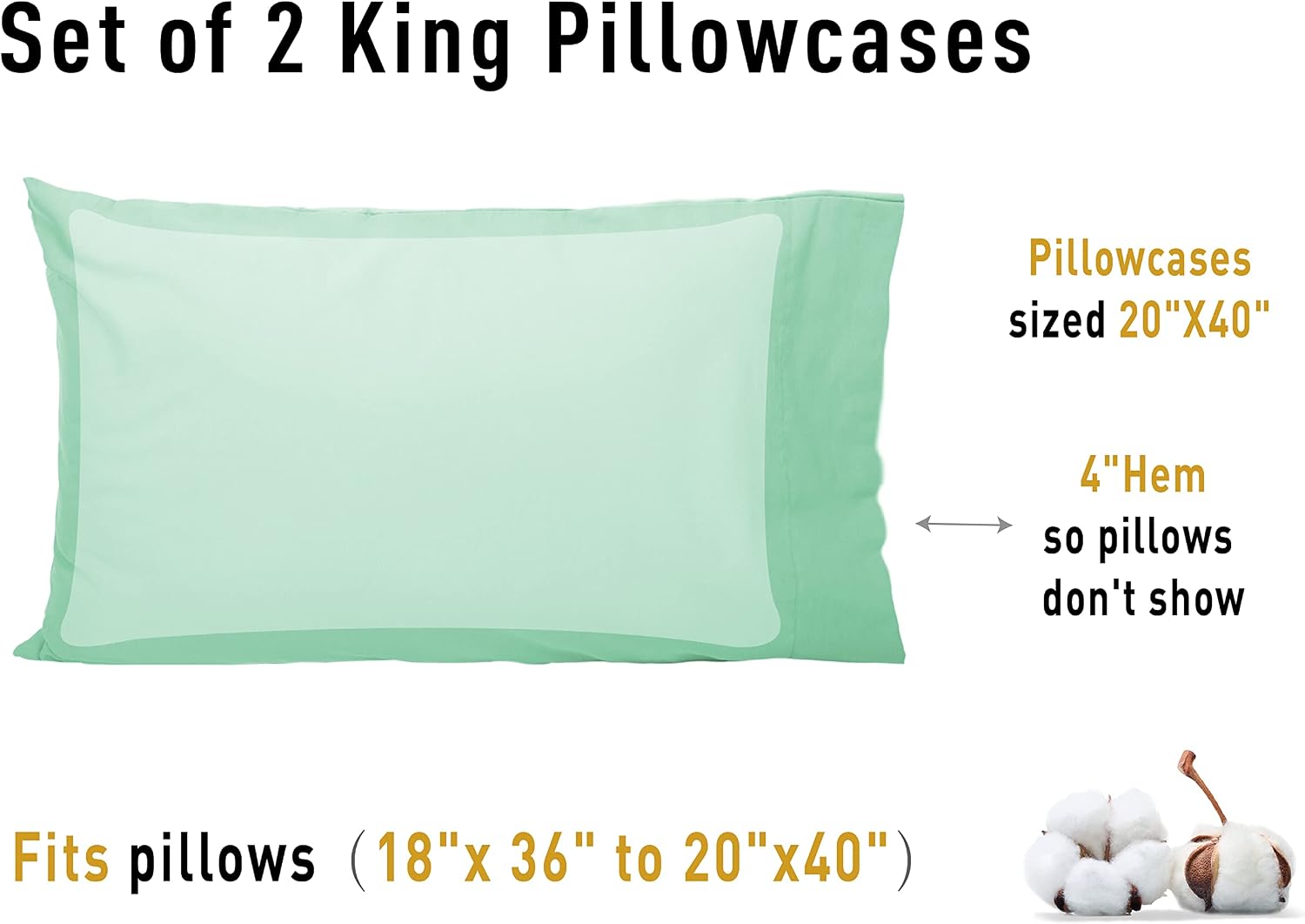 Sunflower King Pillowcases Set of 2, 100% Cotton King Pillow Cases 2, 20×40 inches Zephyr Green, Soft and Breathable