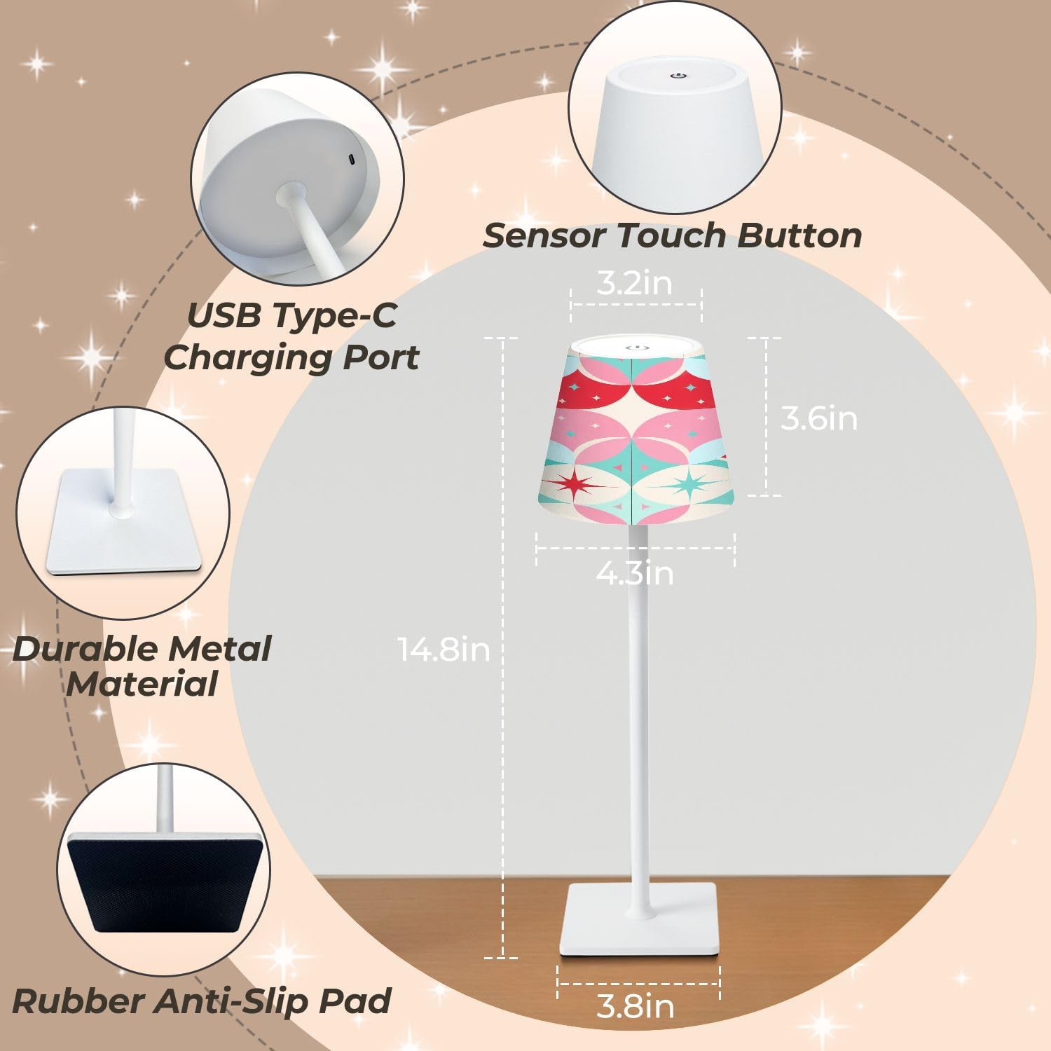 Cordless Mahjong Lamp Geometric Retro Circles Starbursts Soft Pink Coral Teal Color Small LED Lamp 3 Color Dimmable Rechargeable Lamps…