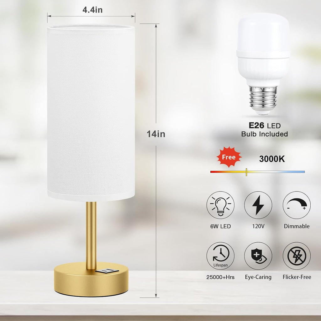 Dicoool Small Touch Bedside Lamp with USB - 3 Way Dimmable Table Lamp for Bedroom, Nightstand Lamp with Gold Charging Station for Desk…