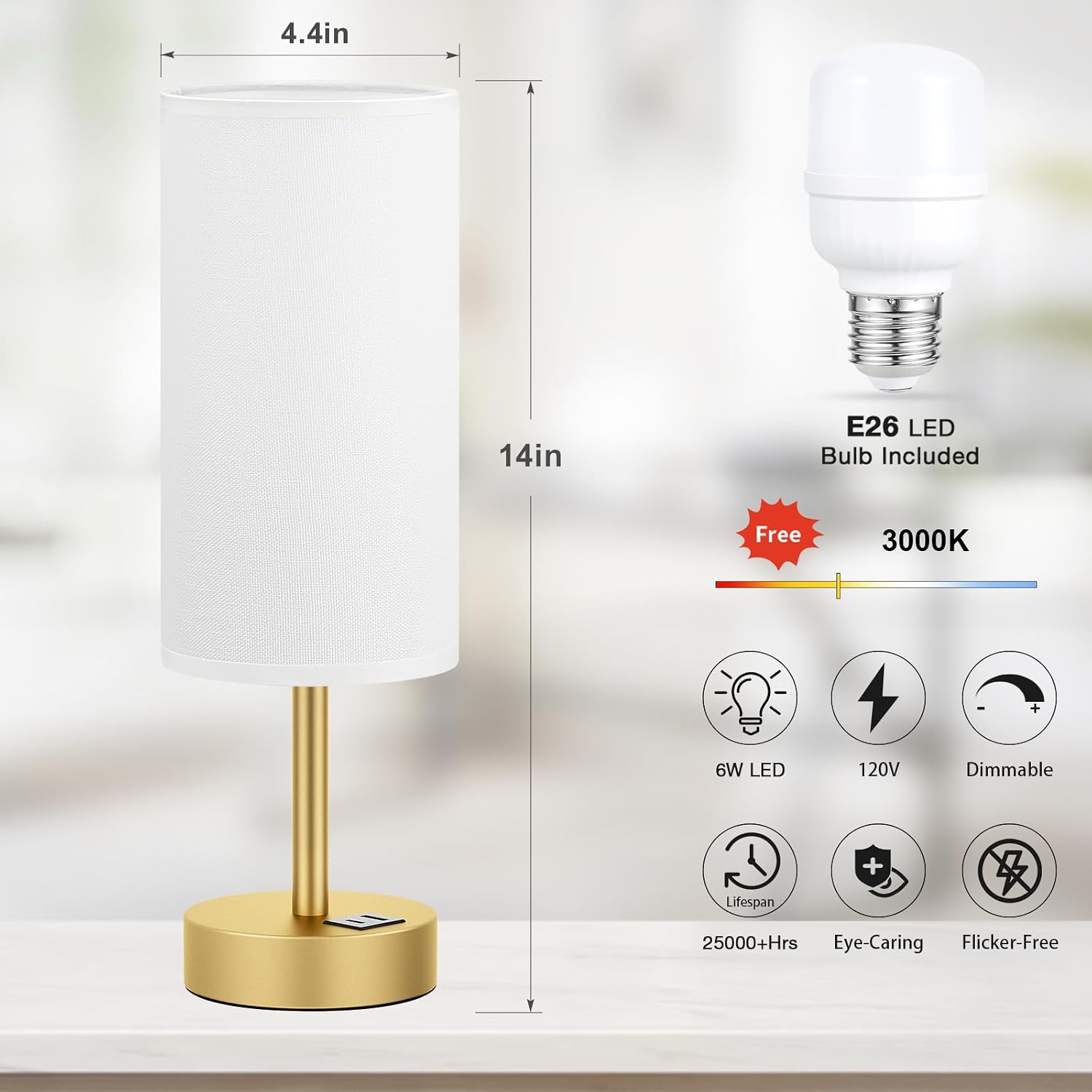Dicoool Small Touch Bedside Lamp with USB - 3 Way Dimmable Table Lamp for Bedroom, Nightstand Lamp with Gold Charging Station for Desk…