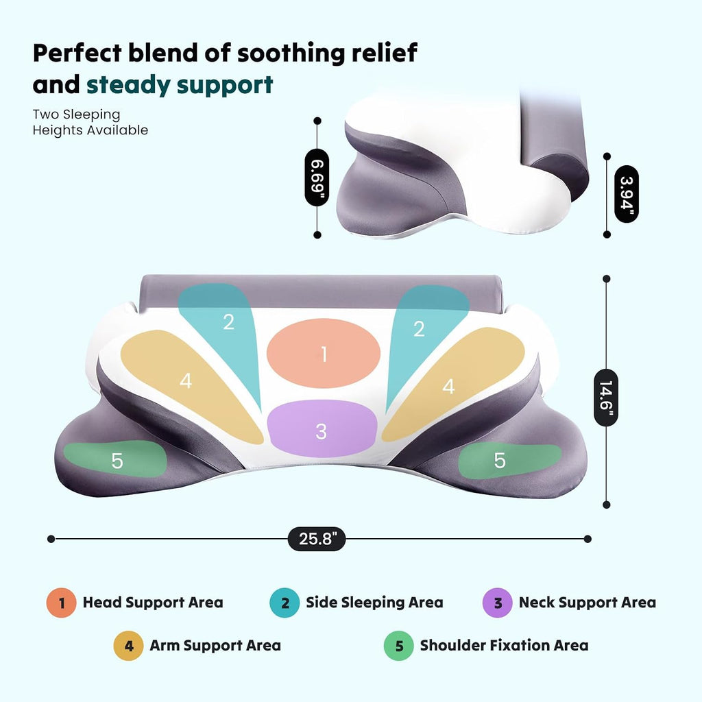 DUMOS Cervical Neck Pillow for Sleeping, Cooling Ergonomic Memory Foam Pillow with Arm Rest Slot and Ice Silk Pillowcase, Dual Height…