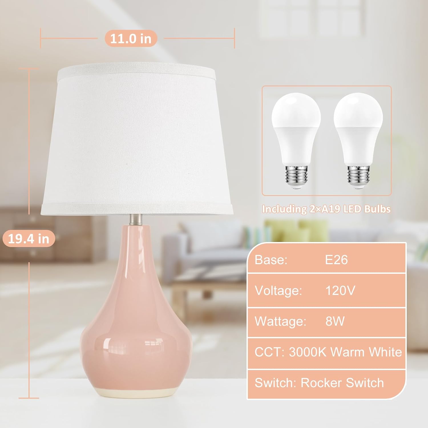 Seealle Modern Pink Table Lamps Set of 2 - Bedroom Lamps for Nightstand,19.4" Bedside Pink Lamp for Girls Room Living Room with Rocker…