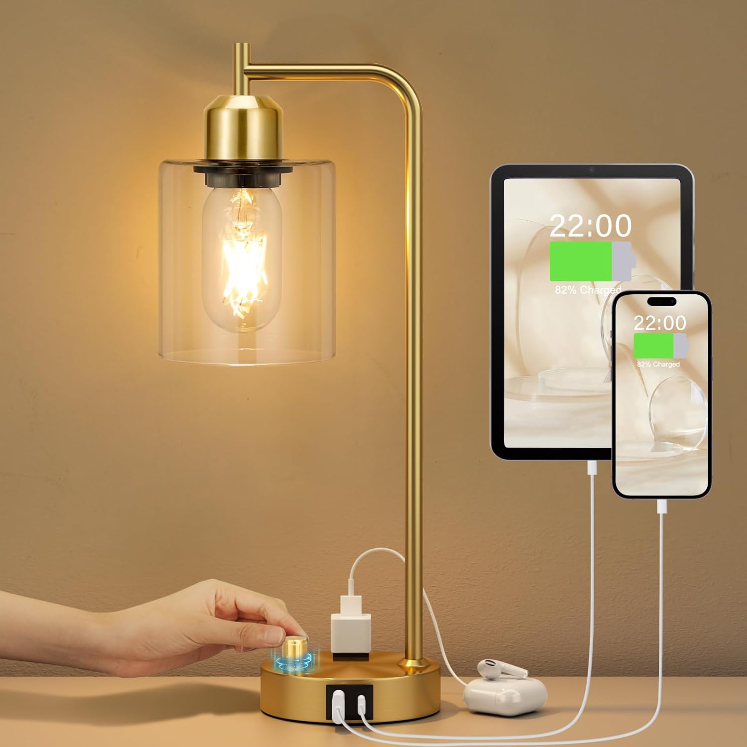 Innqoo Gold Table Lamp for Bedroom - Industrial Bedside Lamp with USB Port and Outlet, Fully Dimmable Nightstand Lamp with Clear Glass…
