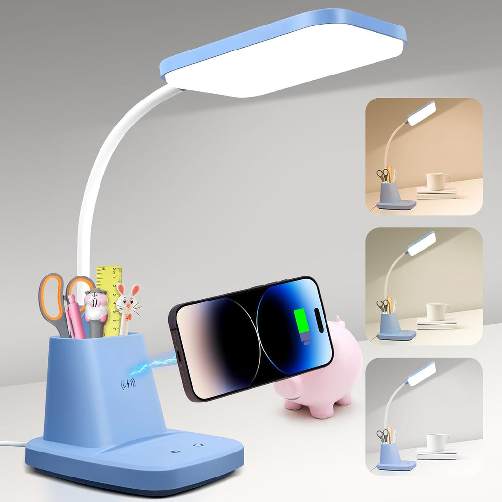 Small Desk Lamp, Blue Desk Lamp with Pen Holder, Wireless Charger LED Desk Lamps for Home Office, 800LM Flexible Arm 3 Modes Dimmable…