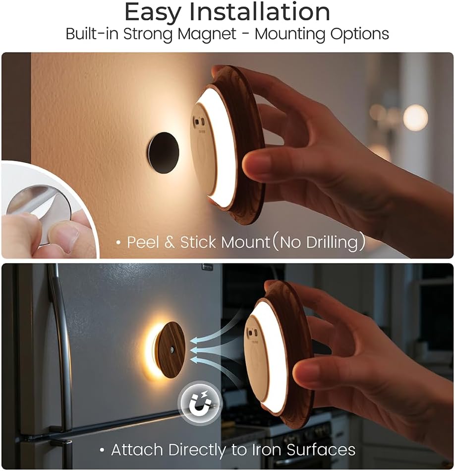 Motion Sensor Night Light Wood Rechargeable Battery-Powered Stick-On Step Lights Magnetic Closet Warm Nightlight for Hallway Bedroom…
