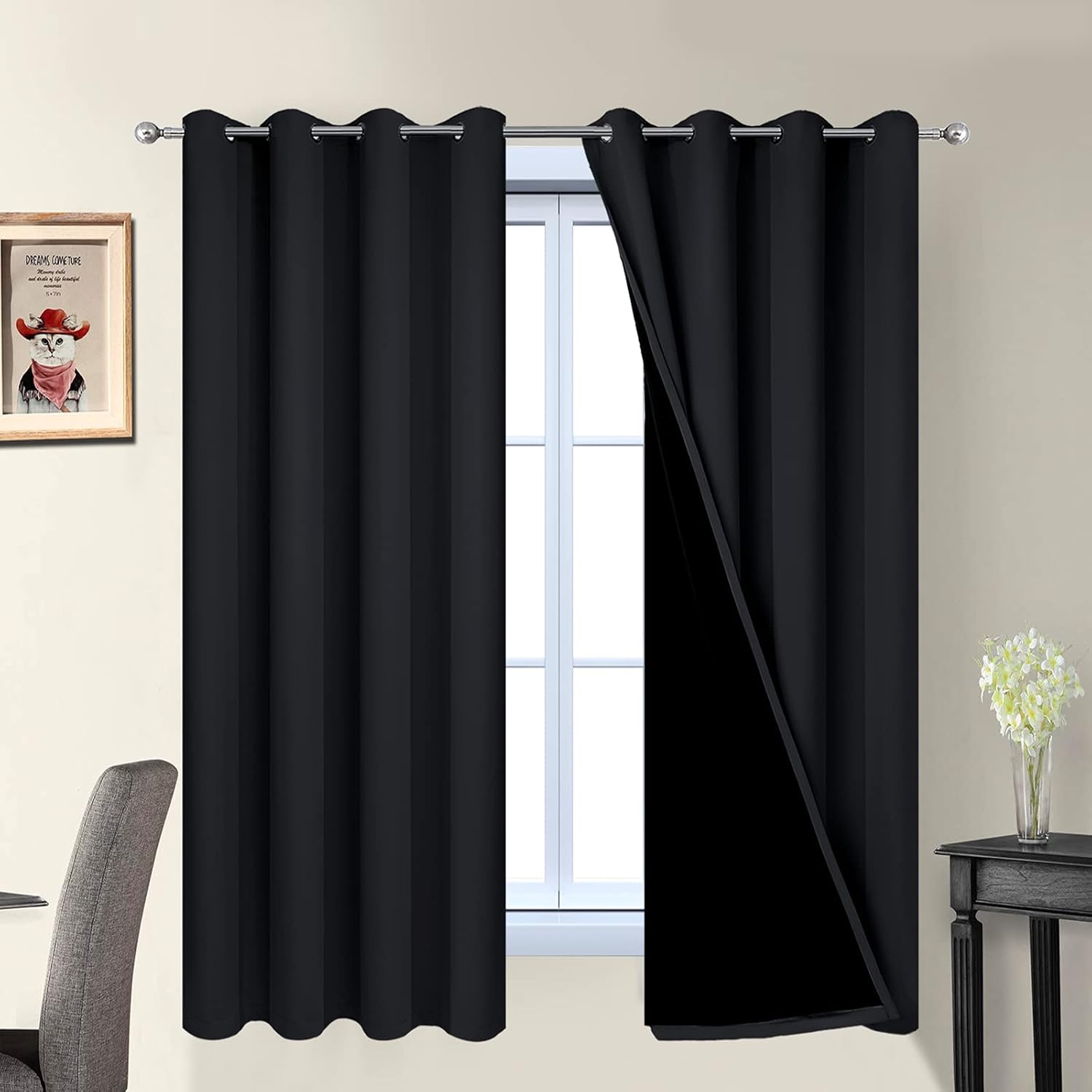 Yakamok 63 Inch Length 100% Blackout Curtains for Bedroom, 2 Thick Layers Thermal Insulated Grommet Total Blackout Drapes with Black Liner…