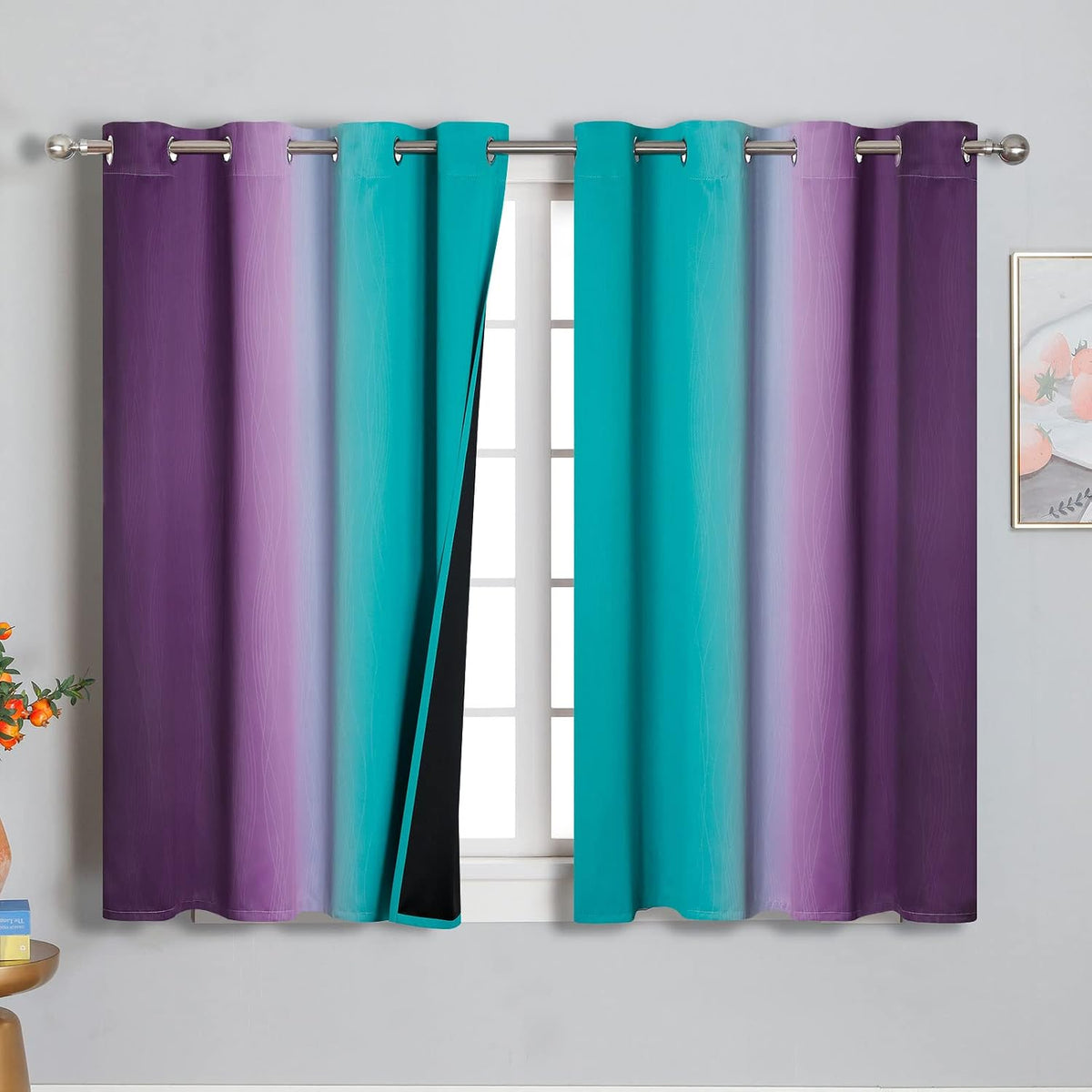 Estelartextiler Estelar Textiler Ombre Teal and Purple Blackout Curtains 54 Inch Length 2 panels, Grommet Thermal Insulated Gradient Drapes…