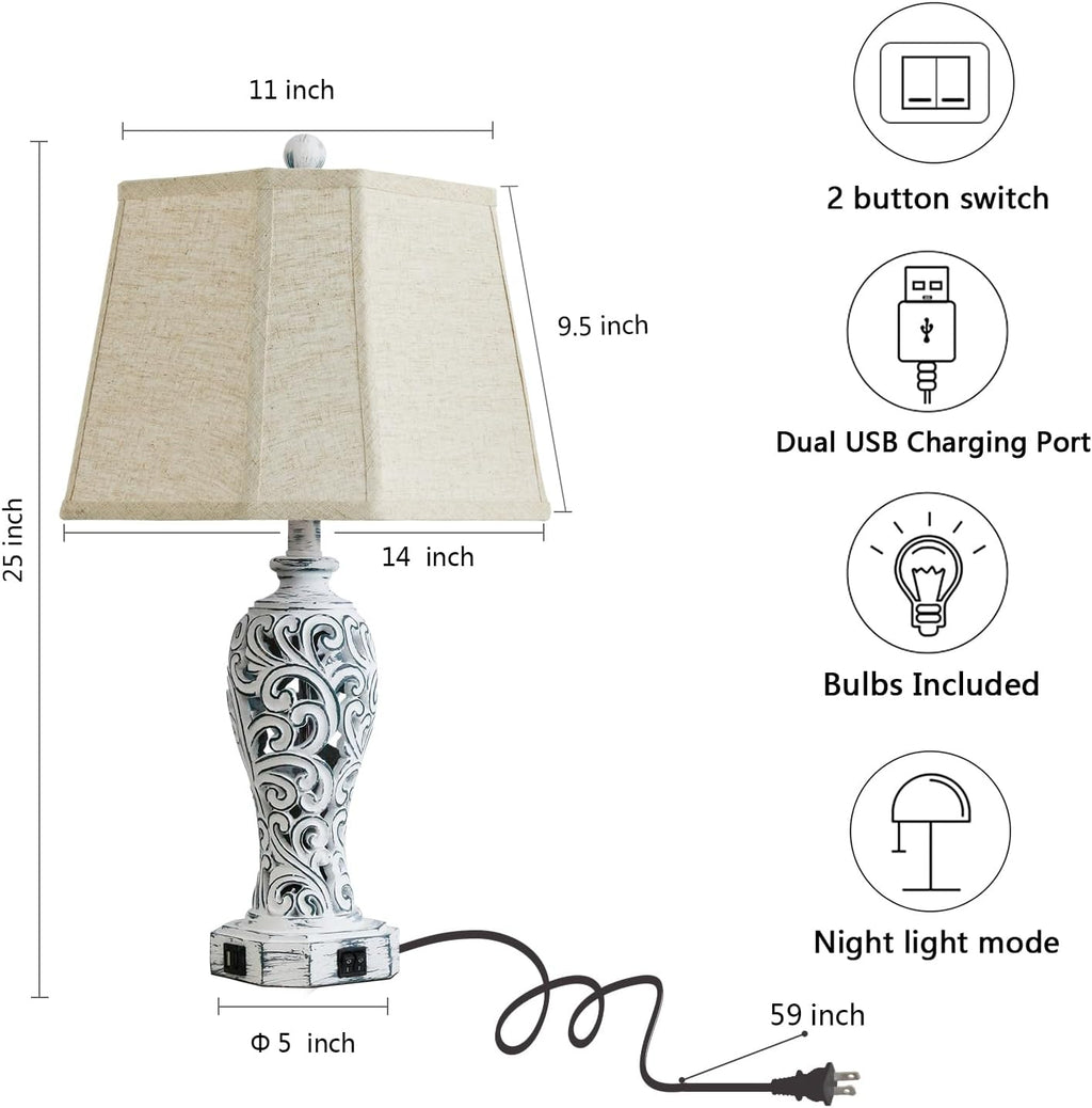 25'' Farmhouse Table Lamps Set of 2 for Living Room Bedroom, 2 USB Ports Rustic Vintage Nightstand Table Lamp with Nightlight, Hollow Out…